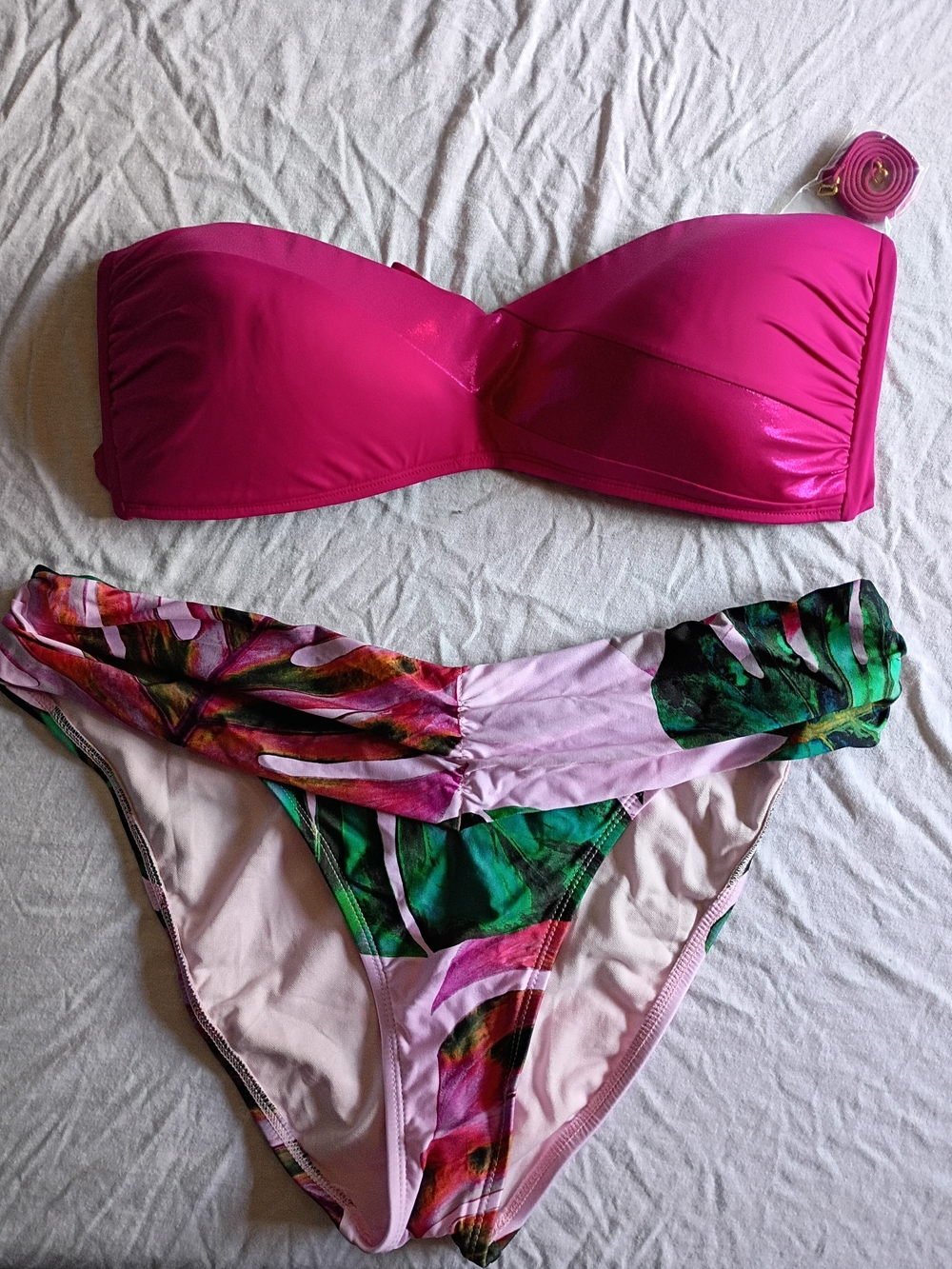 2X Hot Pink Bandeau/Halter Bikini Set with Tropical Print Bottoms